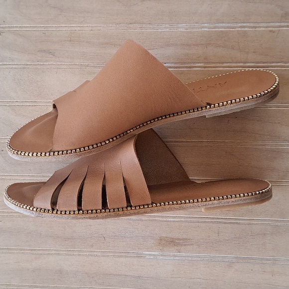 Antika Handmade Leather Cut Out Slide Rhinestone Trim Slip-On Flats Sandals - Picture 12 of 13